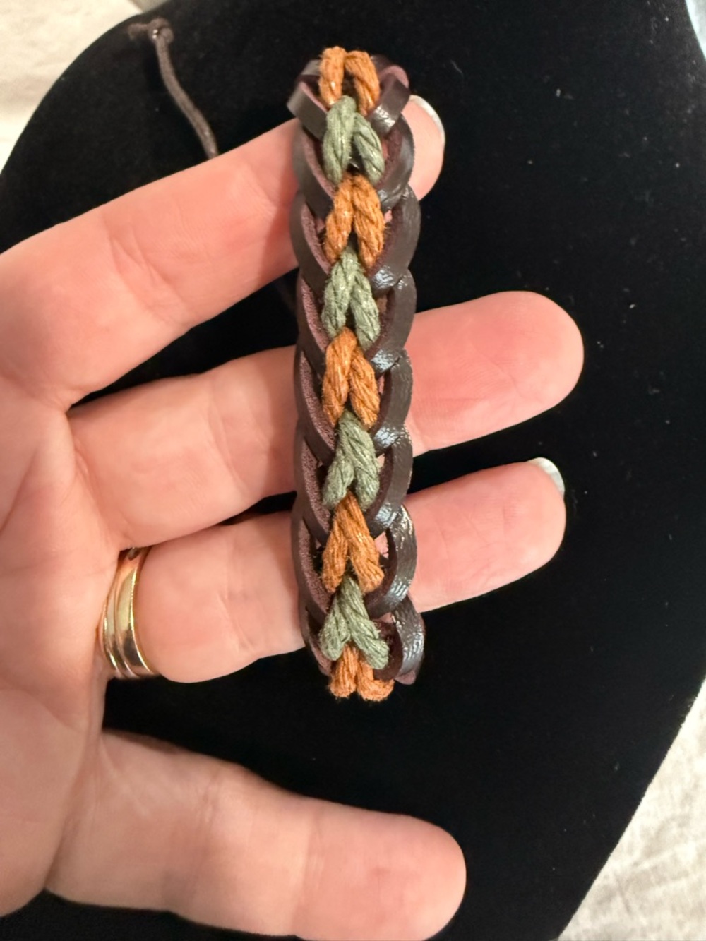 Braided Leather Bracelet with Green and Rust Accents